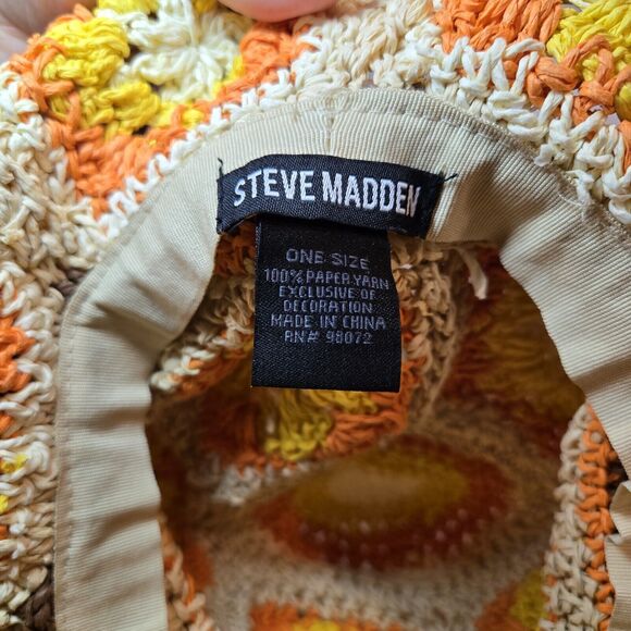 Steve Madden Boho Hippie Crochet Bucket Hat Paper Yarn Square Orange & Yellow‎ - Picture 5 of 5